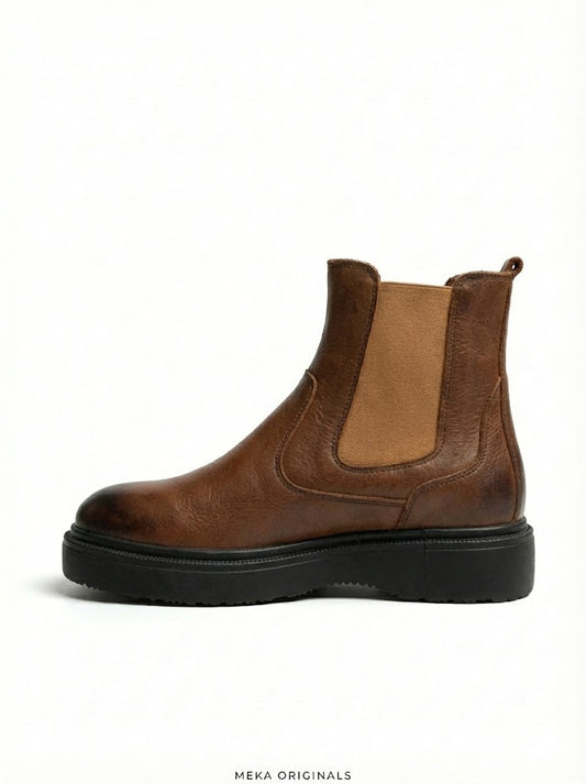 MEKA Brown Leather Platform Chelsea Boots – Genuine Leather